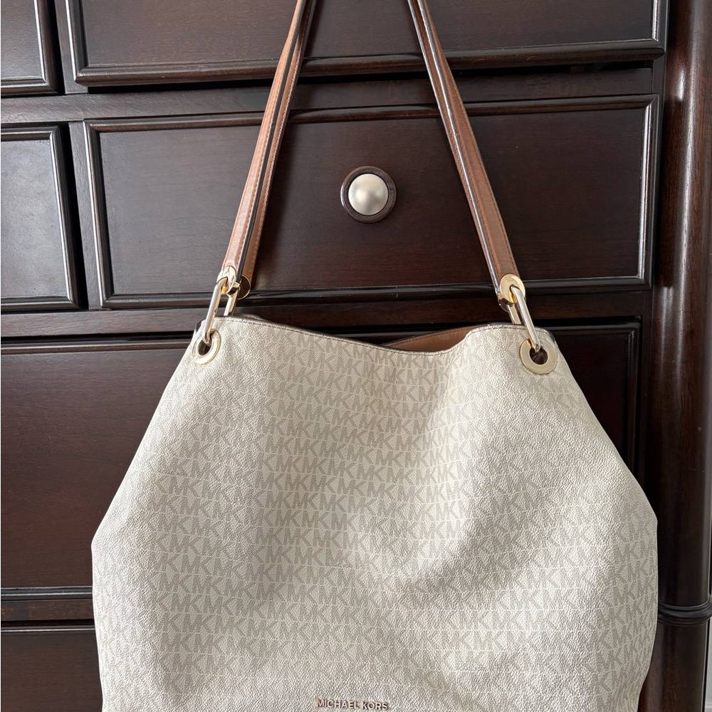 ****SOLD***Michael Kors Brown and White Shoulder Bag with Monogram Pattern